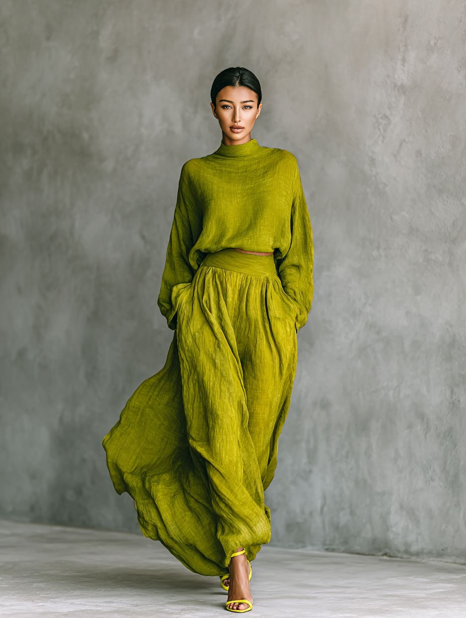 Pilar™  | Abito da donna verde in misto cotone e lino