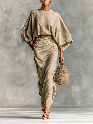 Cristina™  | Completo a due pezzi in cotone e lino con gonna e maniche lunghe
