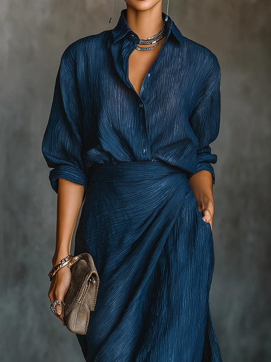 Valeria™  | Elegante completo con camicia e gonna lunga in misto cotone e lino blu scuro
